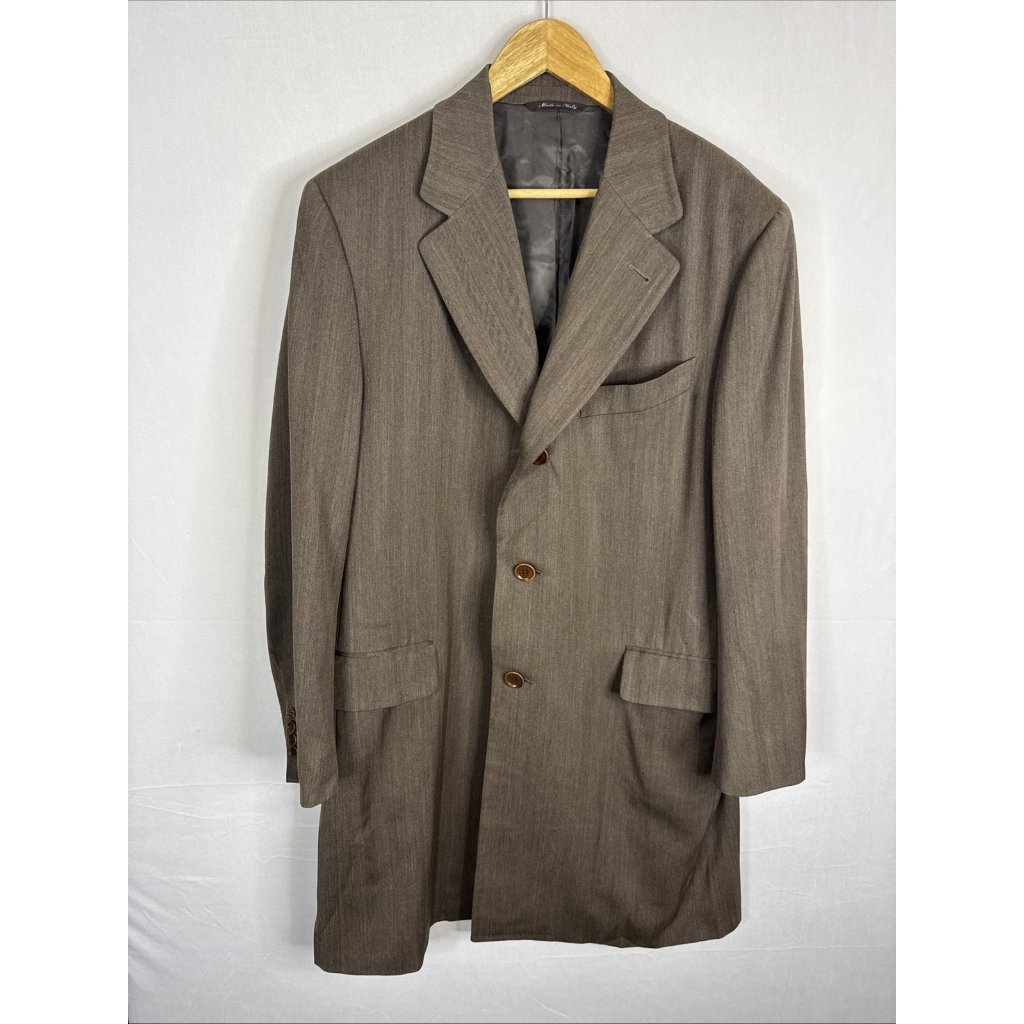 Canali Henry Singer Wool Overcoat Men Us 44r Eu 54r Brown Herringbone Italy